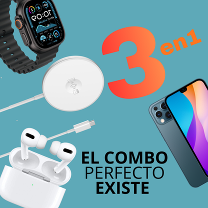 ⚡️CARGADOR INALÁMBRICO 3 EN 1  / ⌚️SMARTWATCH + 🎧AURICULARES + 📱SMATPHONE / Despídete del desorden y disfruta de la practicidad.