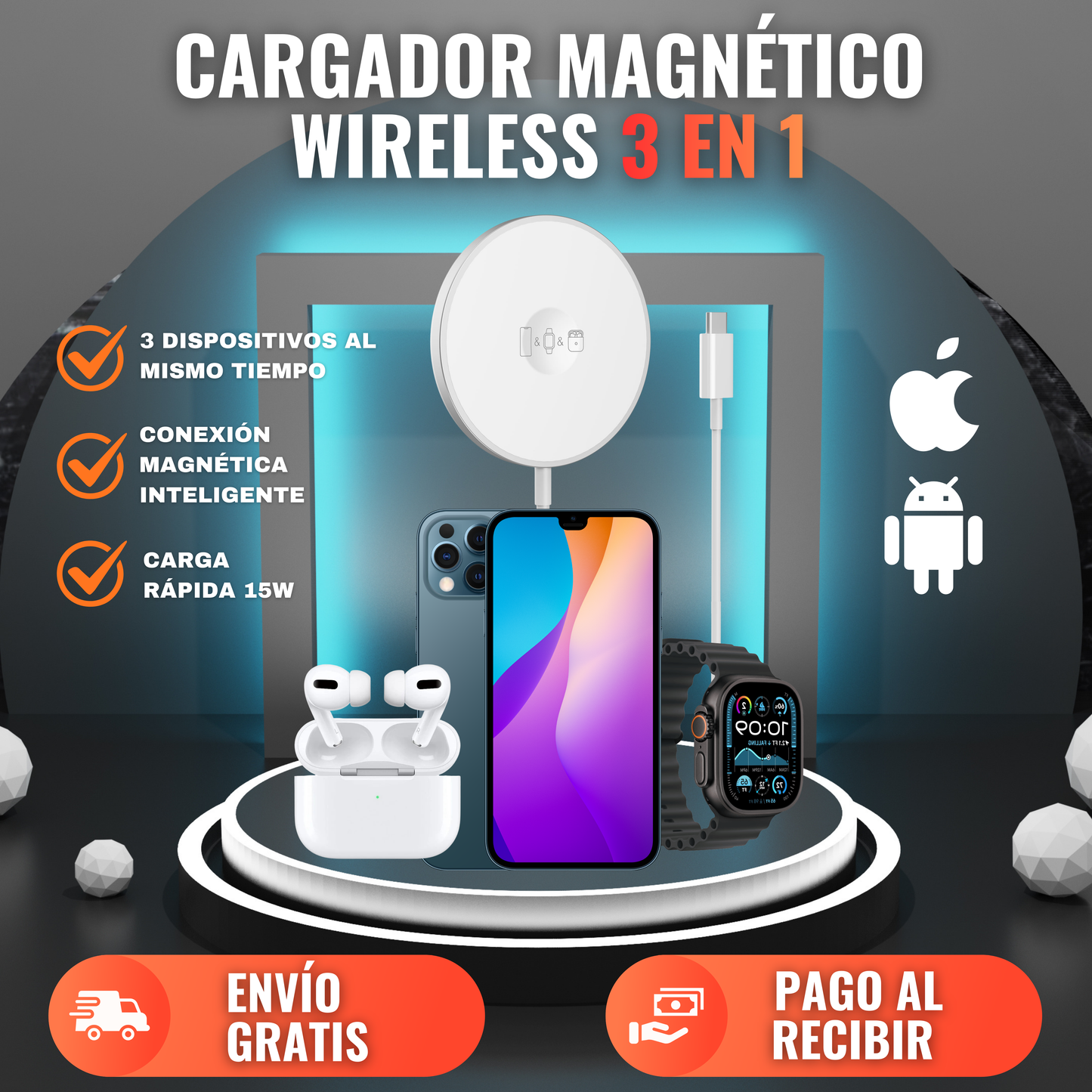 ⚡️CARGADOR INALÁMBRICO 3 EN 1  / ⌚️SMARTWATCH + 🎧AURICULARES + 📱SMATPHONE / Despídete del desorden y disfruta de la practicidad.